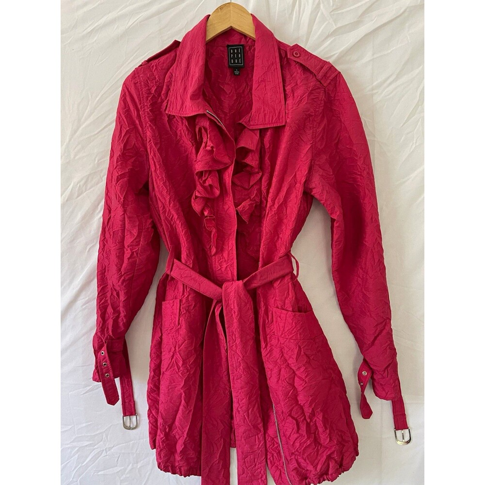 Due Per Due Women's Pink Trench Coat L Zip Front Belted Ruffle Mid-Length